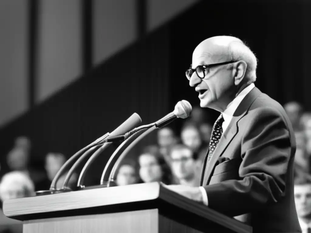 Milton Friedman pronunciando un discurso en la universidad, con estudiantes y profesores atentos