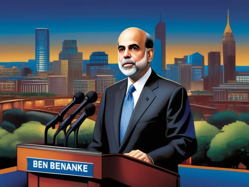 Ben Bernanke pronuncia un discurso frente a un dinámico horizonte urbano, simbolizando estrategias de recuperación económica post crisis