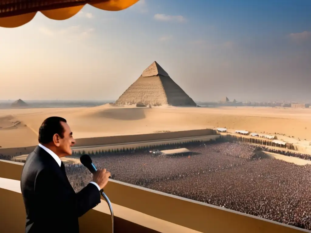 Hosni Mubarak pronuncia un discurso frente a las pirámides de Giza, irradiando autoridad y conexión con la historia de Egipto