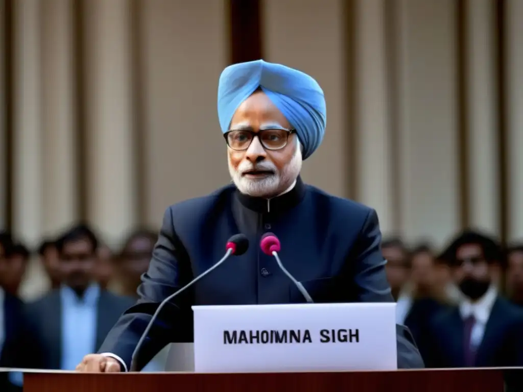 Manmohan Singh entrega un discurso en una institución académica, con un telón de fondo moderno y profesional