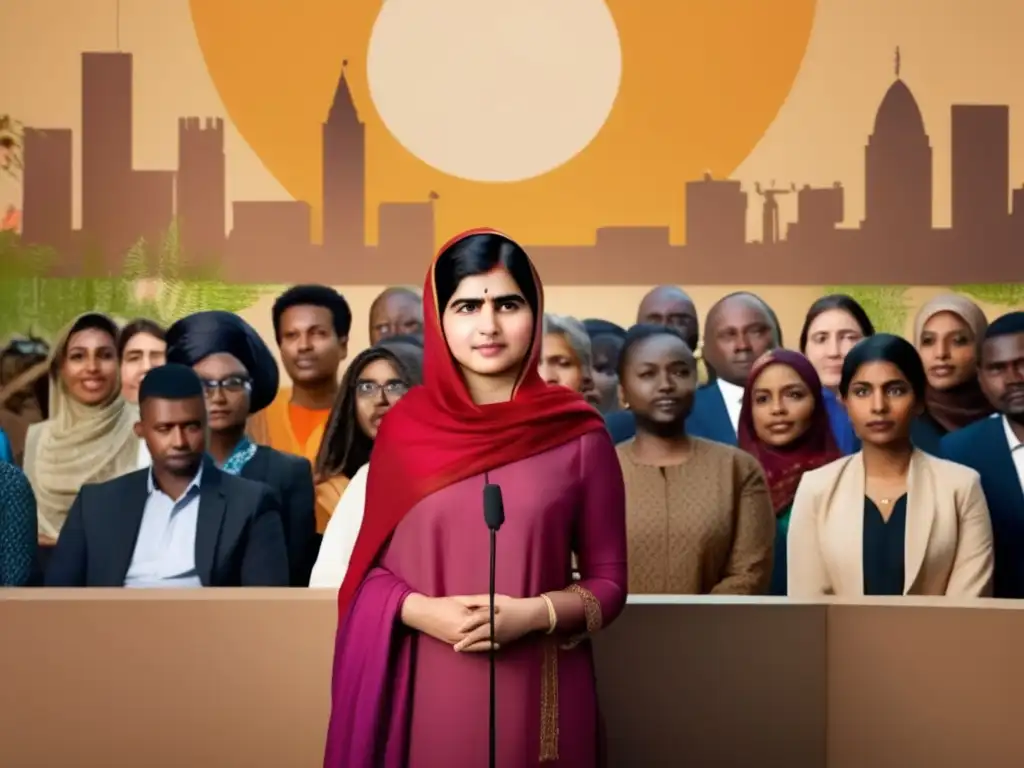 Malala Yousafzai dando un discurso sobre justicia y igualdad, rodeada de personas diversas
