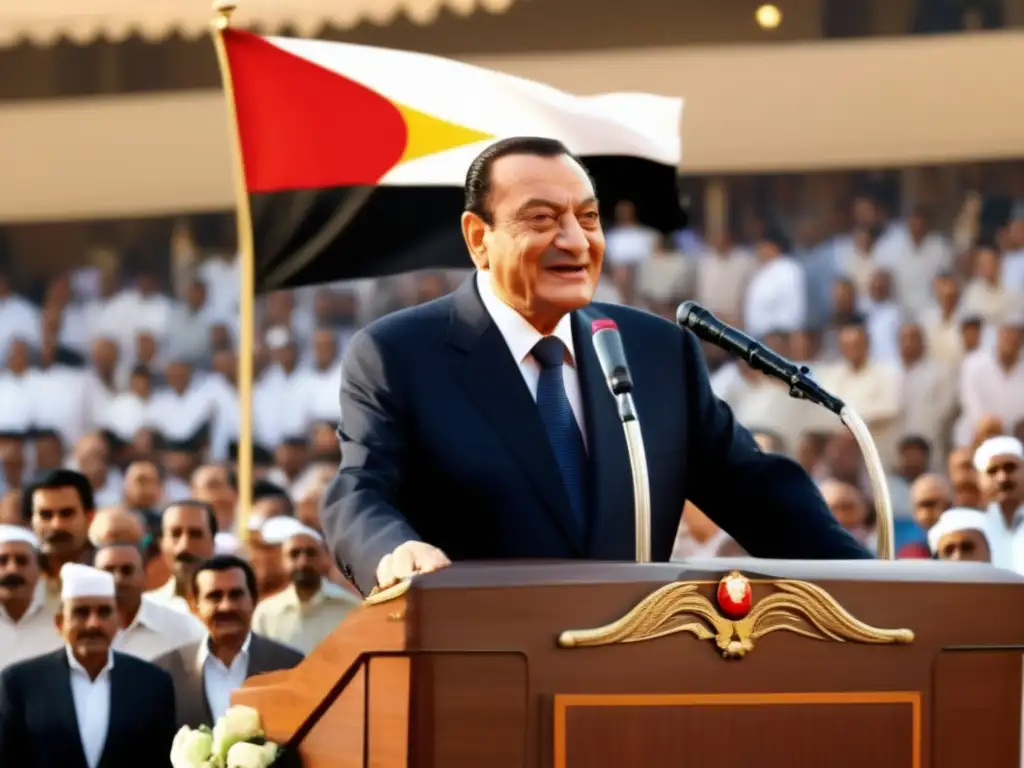 Hosni Mubarak pronuncia un discurso ante una multitud en El Cairo, con la bandera egipcia ondeando detrás