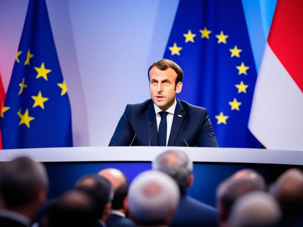 Emmanuel Macron pronunciando un discurso poderoso en una cumbre económica europea, con la bandera francesa al fondo y líderes europeos atentos