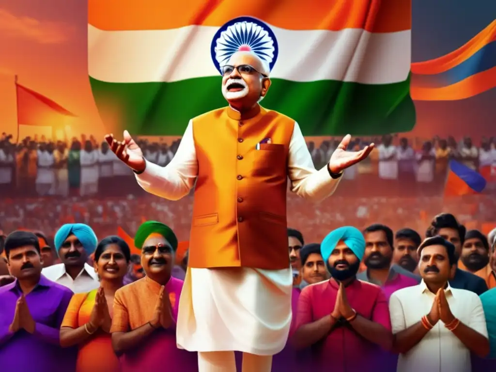 Lal Krishna Advani entrega un discurso poderoso frente a una audiencia diversa bajo la bandera nacional de la India