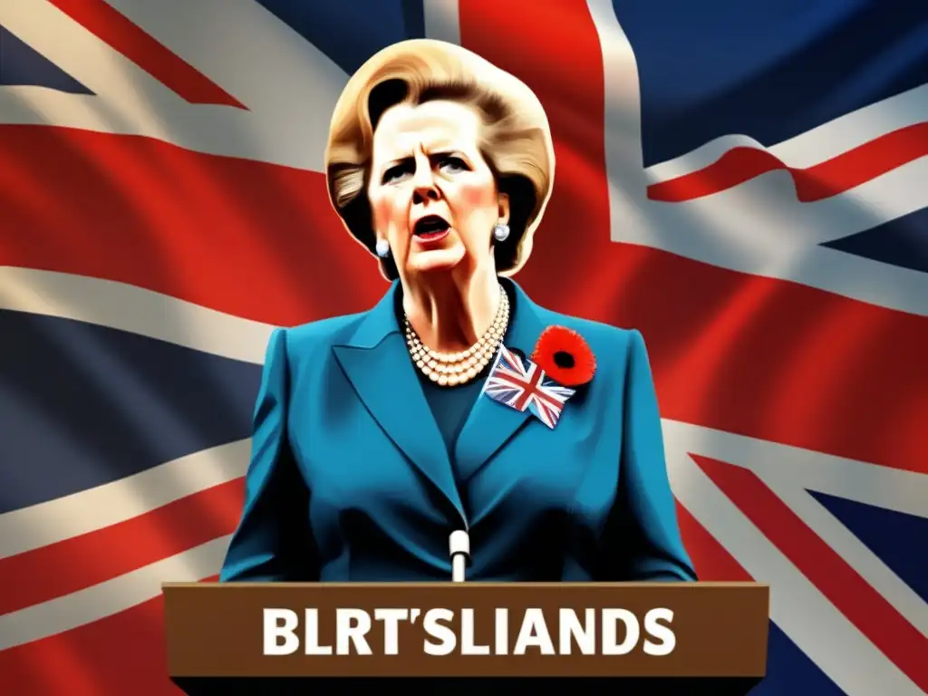 Margaret Thatcher brinda un discurso poderoso frente a la bandera británica durante la Guerra de las Malvinas