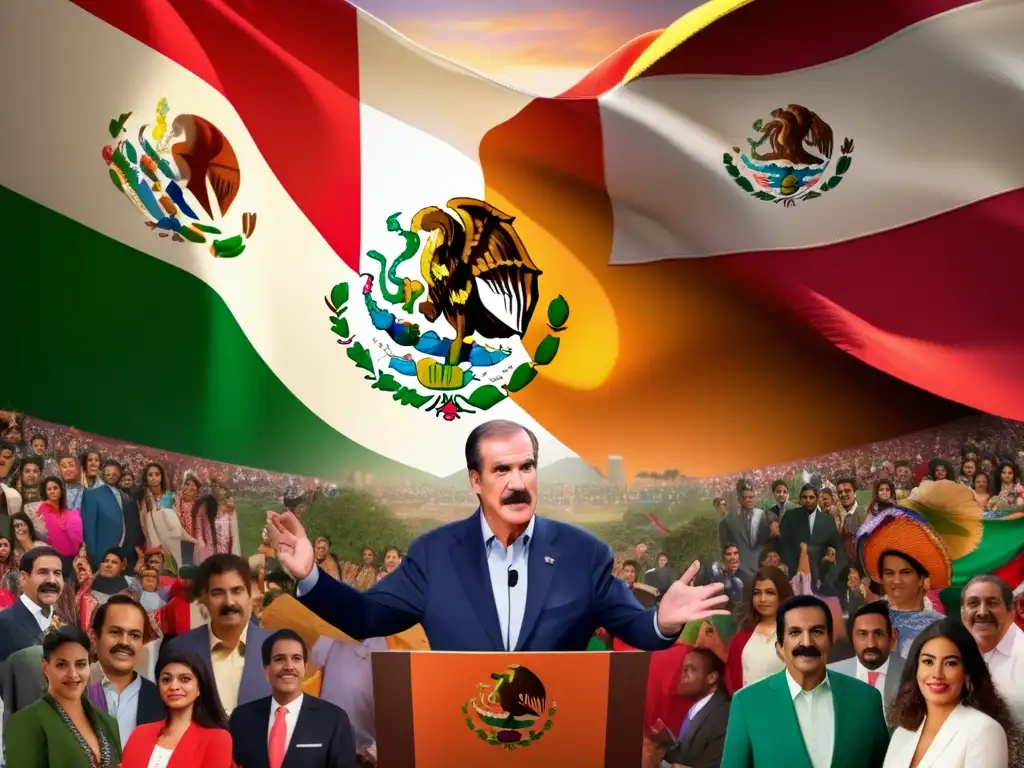 Vicente Fox lidera un discurso poderoso frente a la bandera mexicana, rodeado de personas diversas y apoyándolo