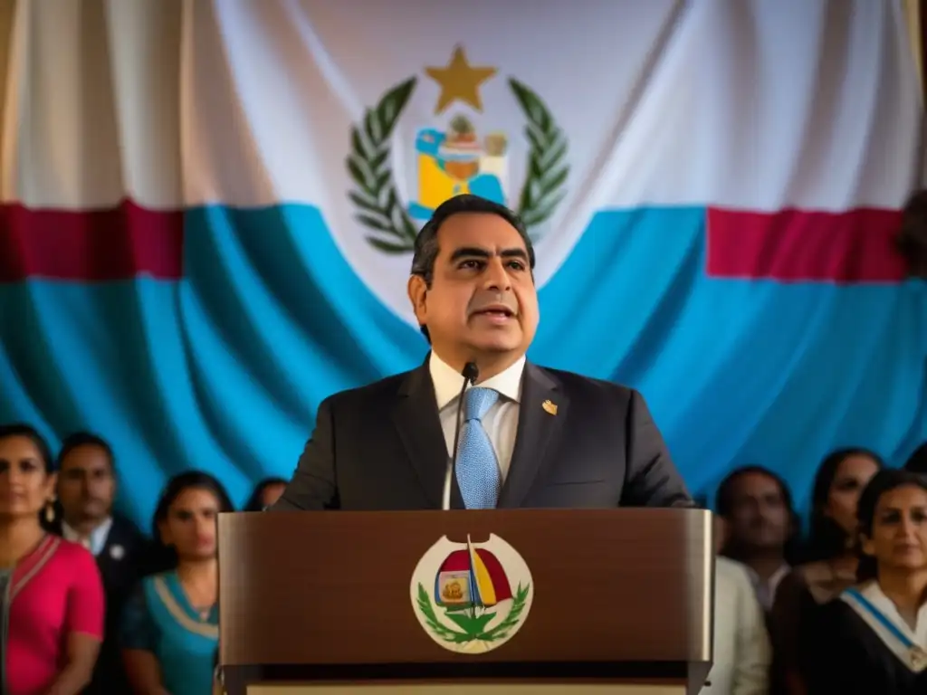 Álvaro Colom pronuncia un discurso poderoso frente a una multitud diversa, con la bandera de Guatemala de fondo