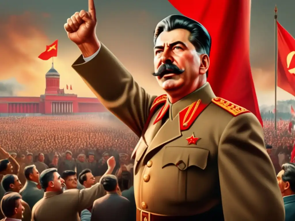 Stalin en el poder: discurso y autoridad Joseph Stalin pronuncia un discurso poderoso en una gran concentración, mostrando autoridad y determinación