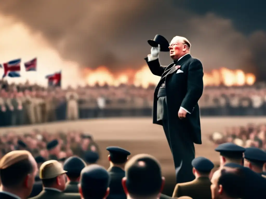 Winston Churchill entrega un discurso poderoso, con iluminación dramática y determinación en su rostro