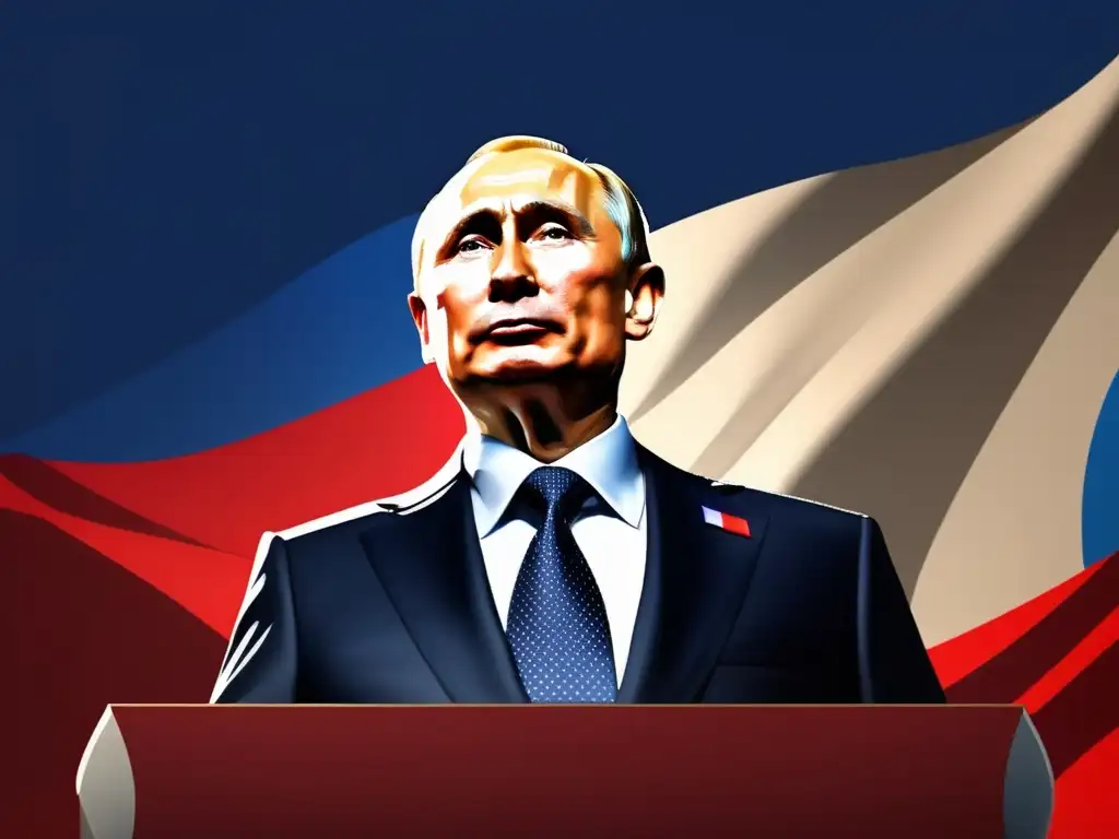 Vladimir Putin entrega un discurso poderoso en un mitin político, con expresión seria y la bandera rusa de fondo