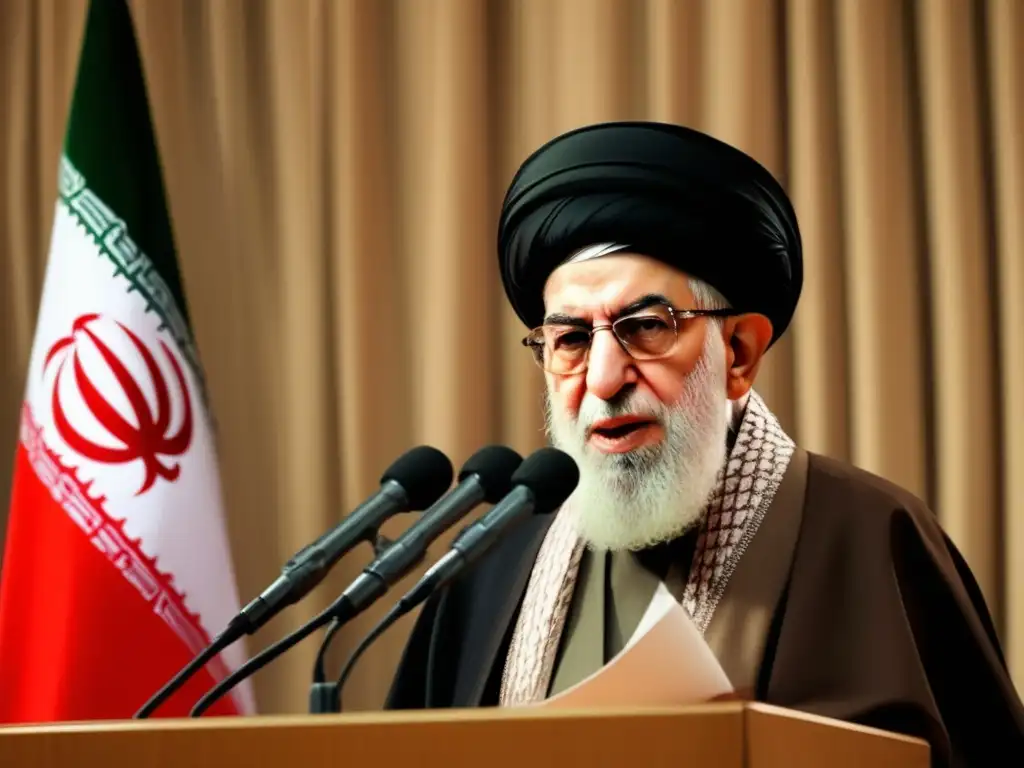 Ali Khamenei pronuncia un discurso poderoso ante una multitud, con la bandera de Irán de fondo