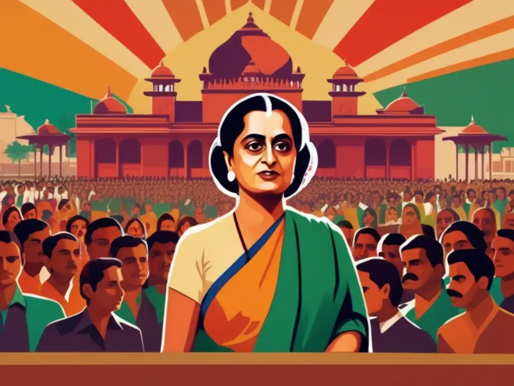 Indira Gandhi pronuncia un discurso poderoso ante una multitud, con expresión determinada y confiada