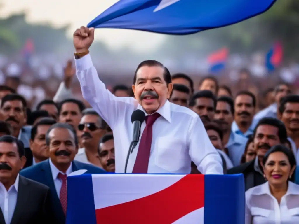 Daniel Ortega en un discurso político apasionado frente a una multitud, con la bandera de Nicaragua de fondo
