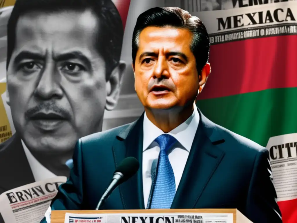 Enrique Peña Nieto ofrece un discurso solemne, mientras en el otro lado se contrastan titulares y citas críticas en colores vibrantes