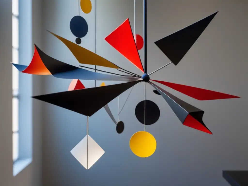 Un diseño elegante y dinámico de escultura móvil de Alexander Calder en galería minimalista