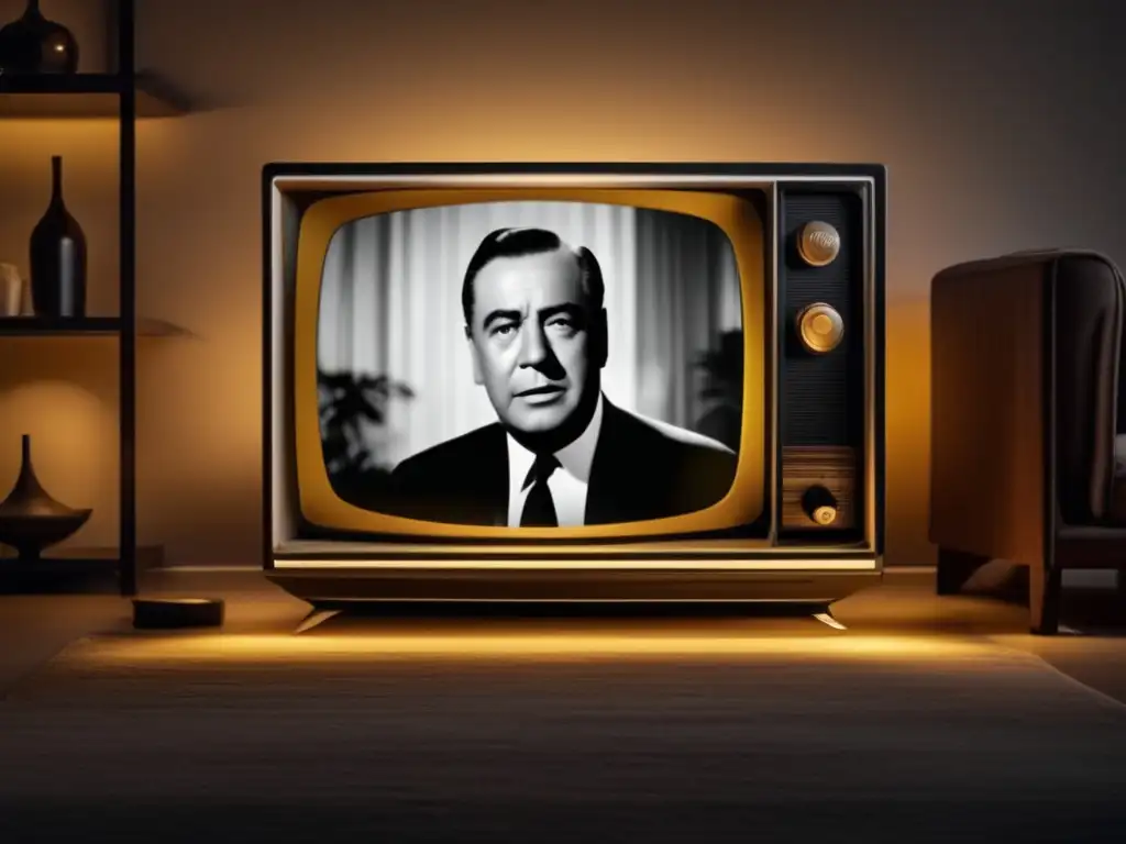 Un documental en blanco y negro sobre una figura histórica famosa se proyecta en un televisor vintage en una sala de estar moderna y minimalista