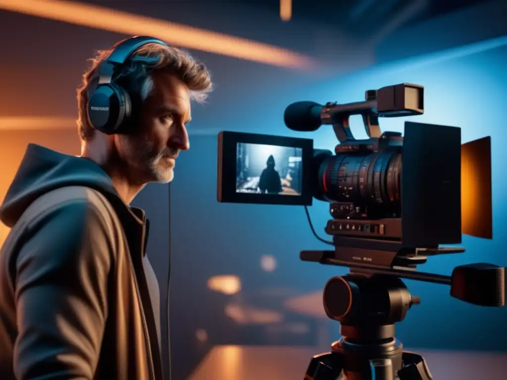 Un documentalista inmerso en la creación de una historia, rodeado de equipos de filmación de alta tecnología en un set dinámico