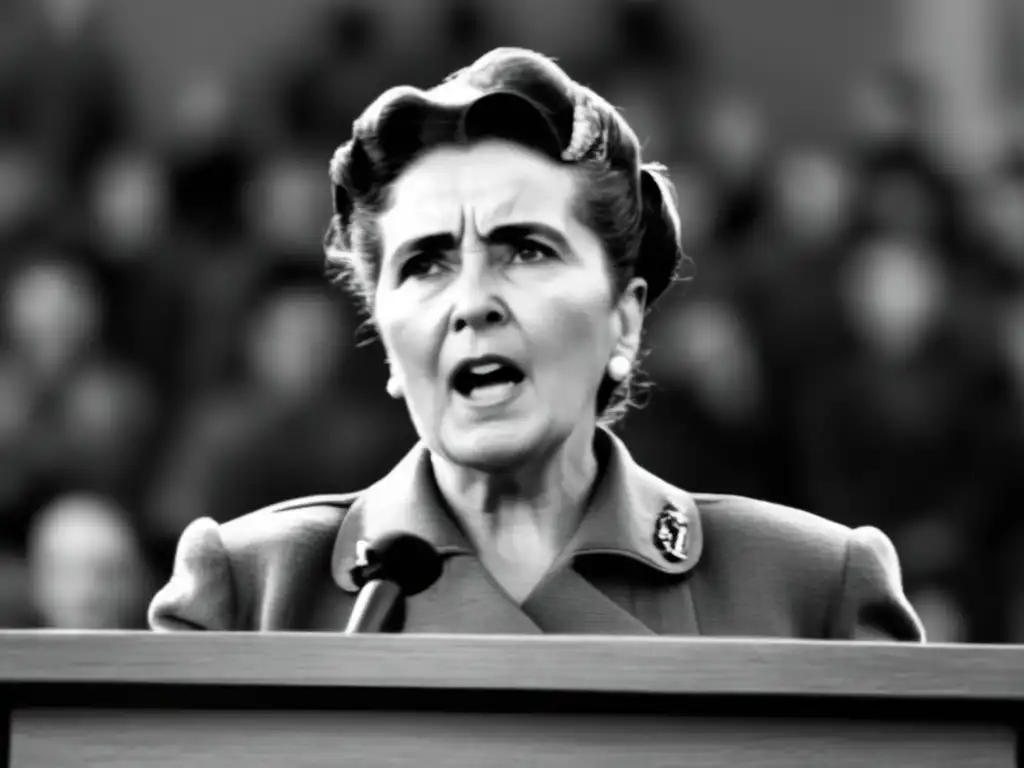 Dolores Ibárruri Guerra Civil, líder apasionada, entrega un discurso con puños cerrados y mirada firme en una foto en blanco y negro