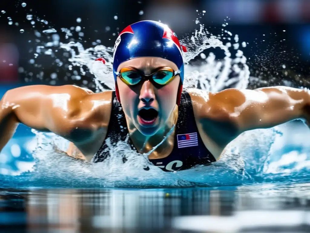 Katie Ledecky muestra su dominio en natación con determinación y fuerza, rodeada por el agua detallada y la energía dinámica
