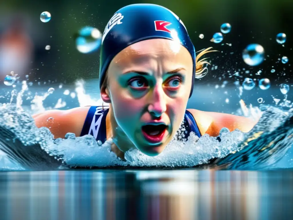 Katie Ledecky muestra su dominio en natación con poderosos y elegantes movimientos, rodeada de agua cristalina y una expresión determinada