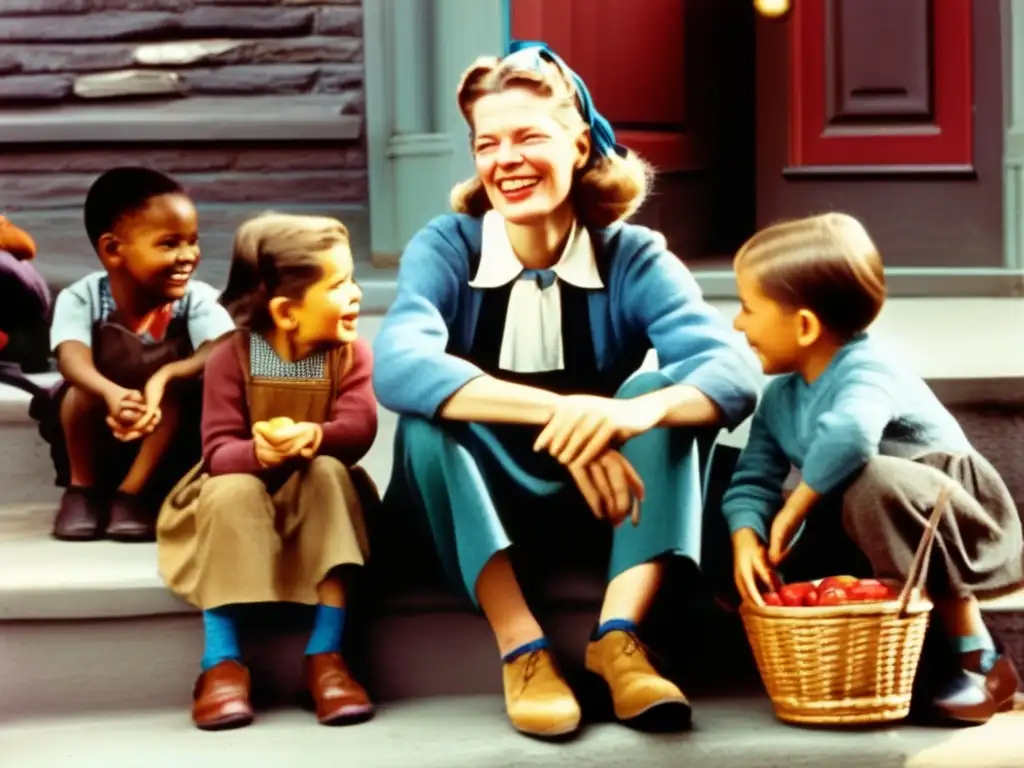 Dorothy Day muestra su activismo por los pobres, compartiendo con niños en una animada vecindad urbana