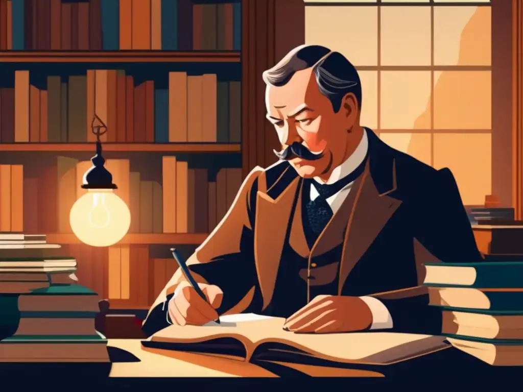 Arthur Conan Doyle se sienta en su escritorio, rodeado de libros y papeles, inmerso en sus pensamientos