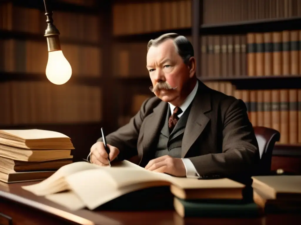 Arthur Conan Doyle, en su estudio, rodeado de libros y papeles, con expresión reflexiva