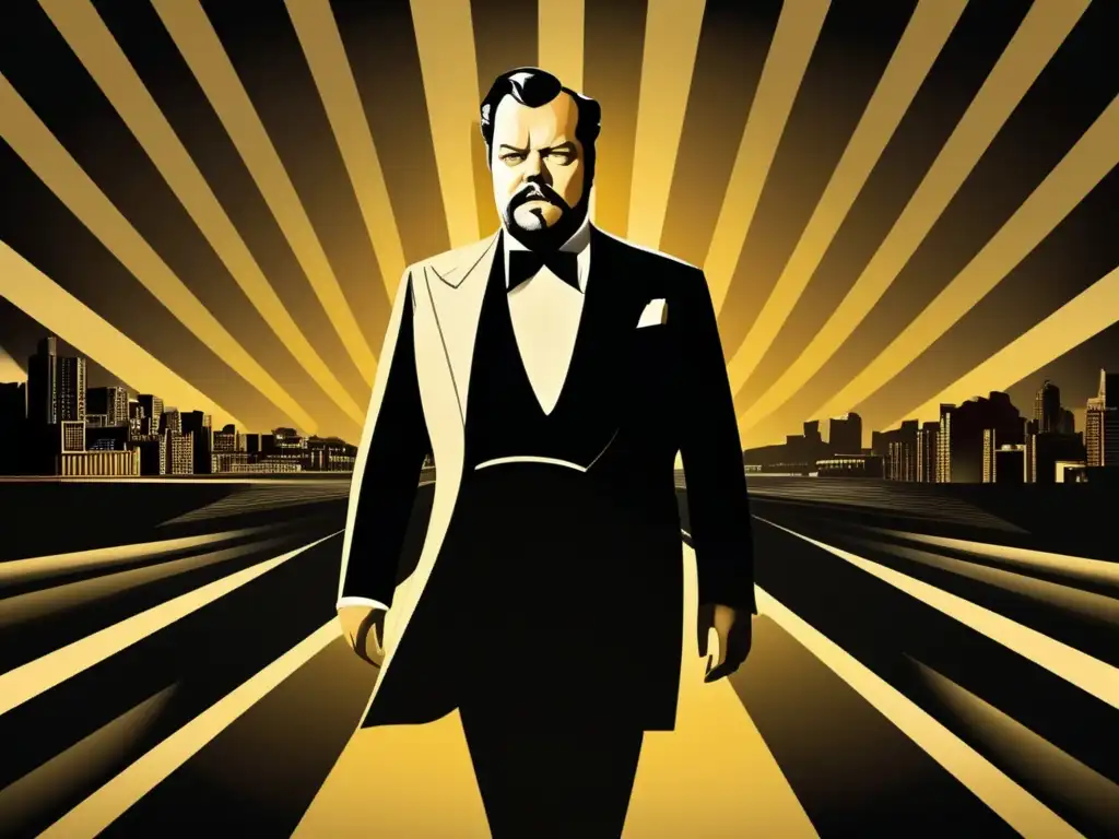 Orson Welles como Charles Foster Kane en una representación dramática y moderna, capturando el legado eterno de 'Ciudadano Kane'