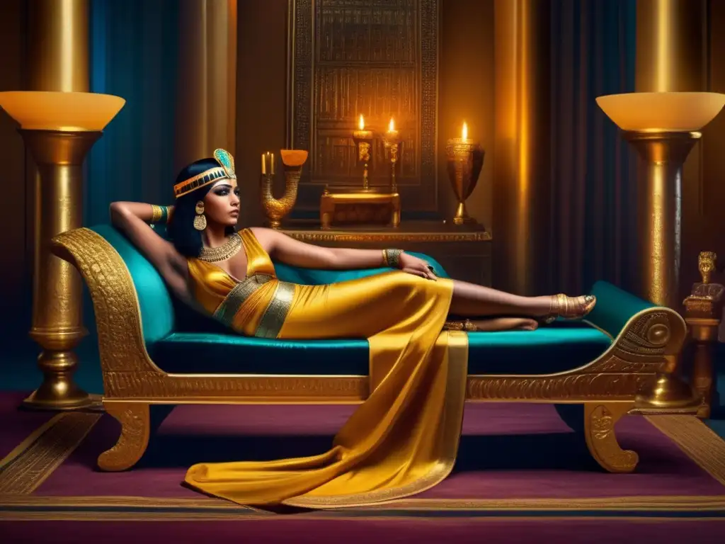 Una dramática reescenificación de los últimos momentos de Cleopatra, rodeada de opulencia egipcia y bañada en cálida luz de velas