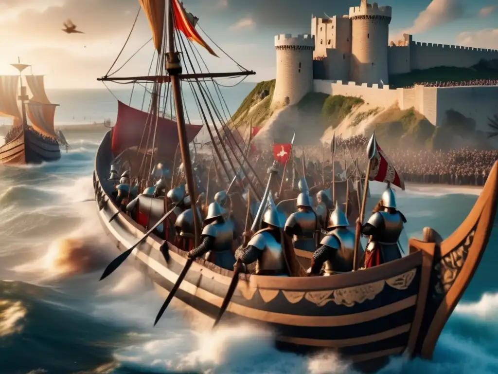 Un dramático asalto de guerreros normandos a una fortaleza costera mediterránea, con batalla furiosa y velas ondeando