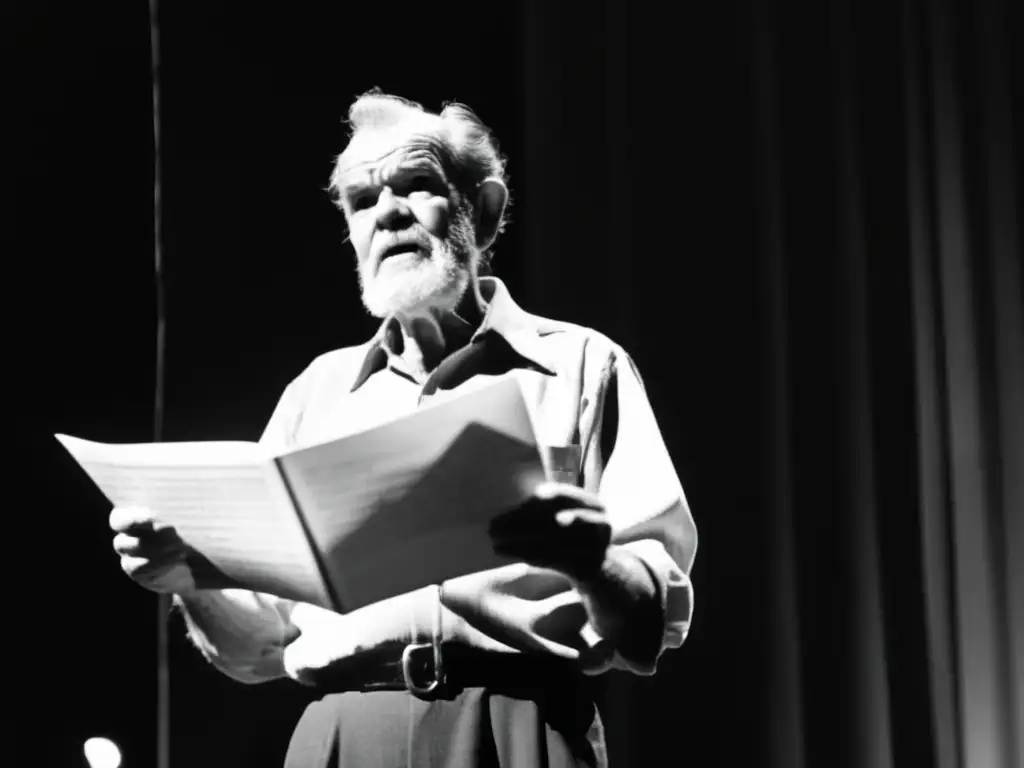 Un dramaturgo apasionado, Athol Fugard, en el escenario, iluminado por un foco, expresando intensidad y dedicación a su arte