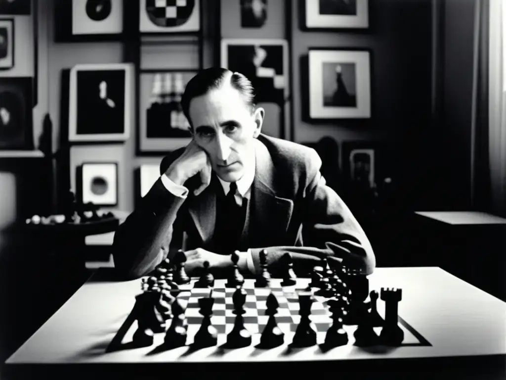 Marcel Duchamp arte: Joven Duchamp contempla un tablero de ajedrez en una habitación lúgubre, rodeado de su vanguardista obra