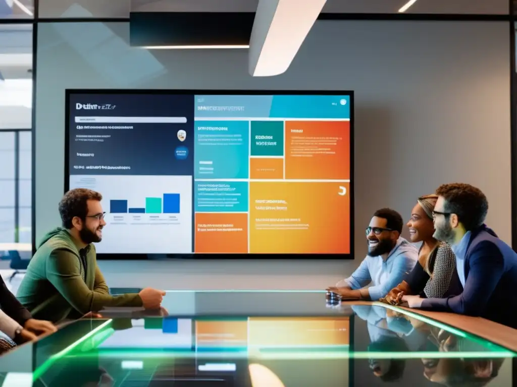 Dustin Moskovitz lidera a un equipo diverso en una oficina moderna, fomentando la productividad y la colaboración
