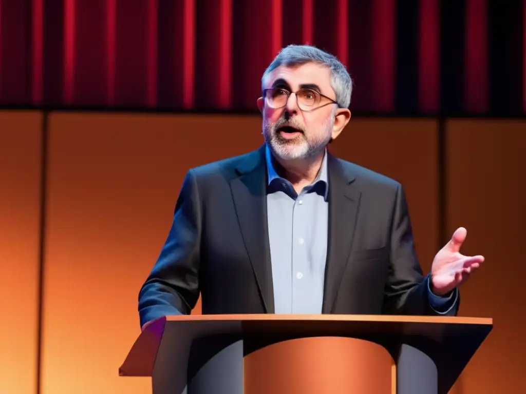 Paul Krugman pronuncia apasionadamente sobre economía y política en un auditorio contemporáneo lleno de oyentes comprometidos