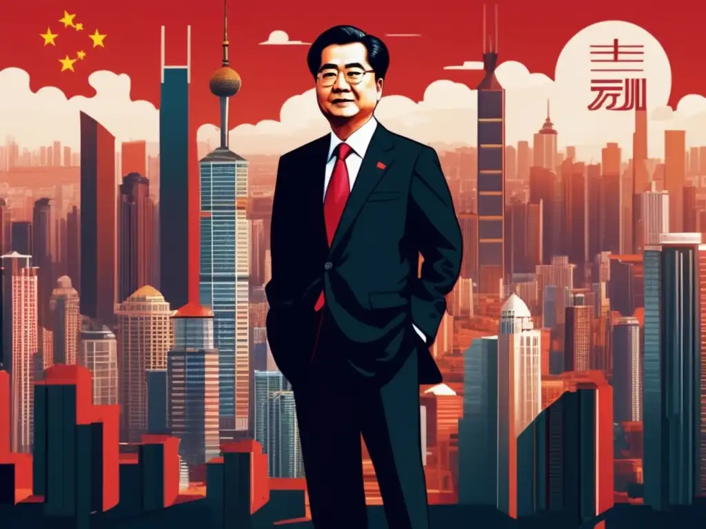 Hu Jintao lidera la gestión económica de China en una ilustración digital detallada y moderna, rodeado de rascacielos y gráficos financieros