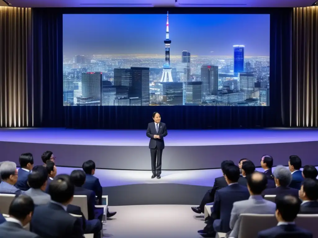 Akio Mimura líder recuperación económica Japón, en conferencia en Tokio, frente a audiencia diversa, en entorno profesional y futurista