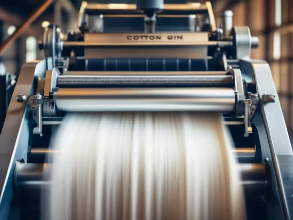 Transformación económica: máquina de algodón operando, separando fibras y semillas