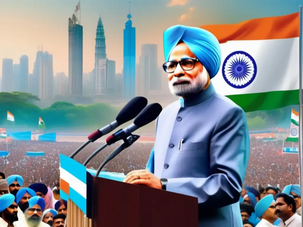 Manmohan Singh, economista convertido en Primer Ministro, pronuncia un apasionado discurso en un vibrante mitin político