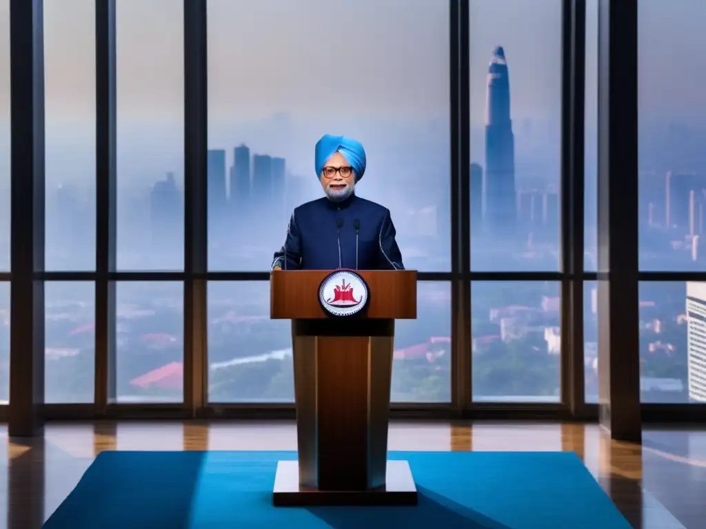 Manmohan Singh, economista convertido en Primer Ministro, entrega un poderoso discurso con la moderna ciudad de fondo