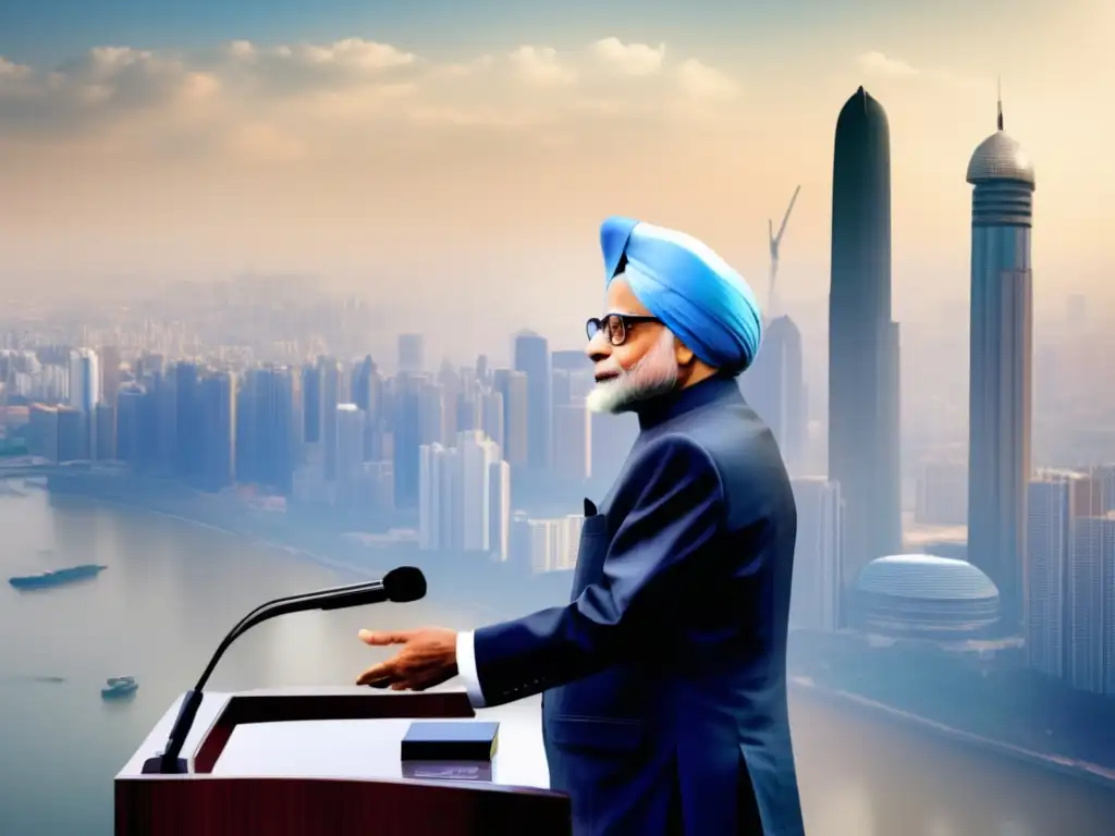 Manmohan Singh, economista convertido en Primer Ministro, pronuncia un discurso poderoso con modernos rascacielos de fondo