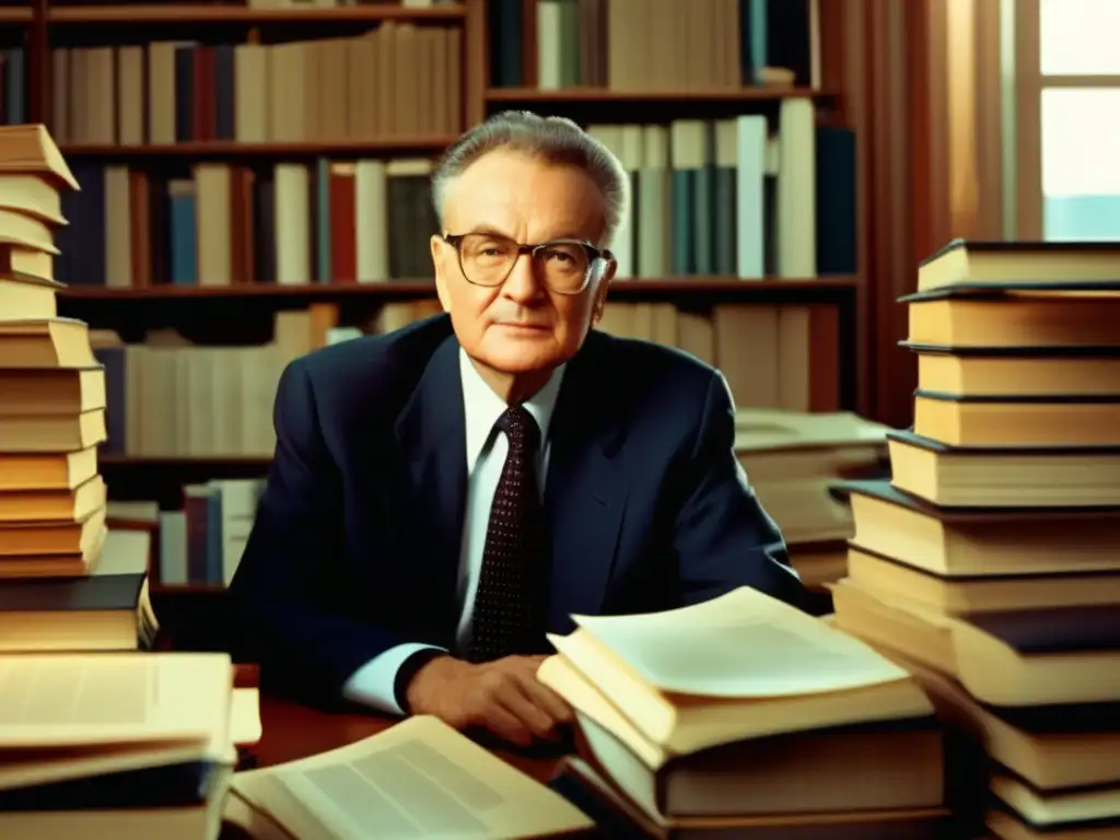 El economista Paul Samuelson reflexiona en su escritorio, rodeado de libros y papeles
