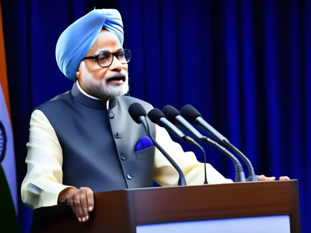 Manmohan Singh economista Primer Ministro pronuncia un discurso impactante ante audiencia diversa en evento político