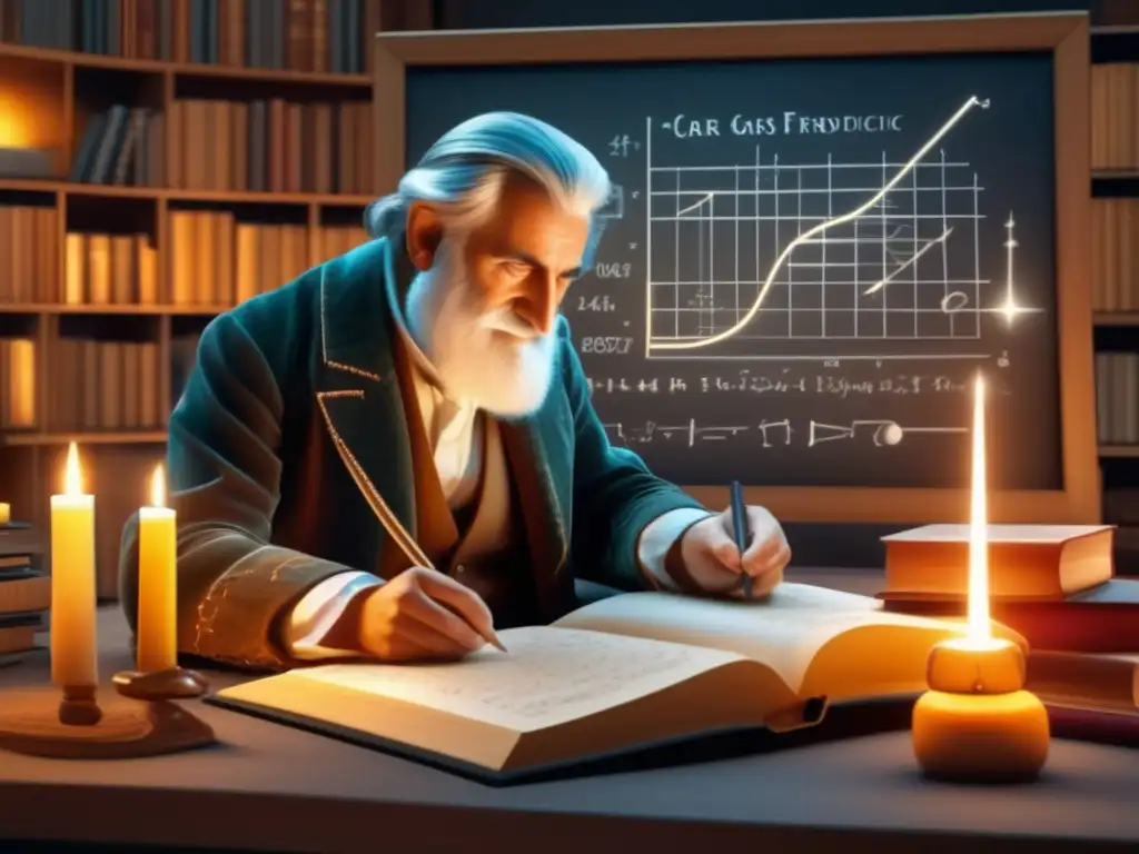 Carl Friedrich Gauss dibuja meticulosamente ecuaciones y diagramas en un pizarrón, rodeado de instrumentos científicos y libros