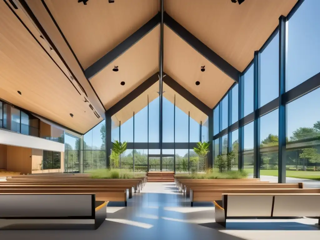 Arquitectura moderna: iglesia inclusiva con naturaleza exuberante Un edificio de iglesia moderno y vibrante rodeado de exuberante vegetación, con un diseño arquitectónico elegante y grandes ventanales