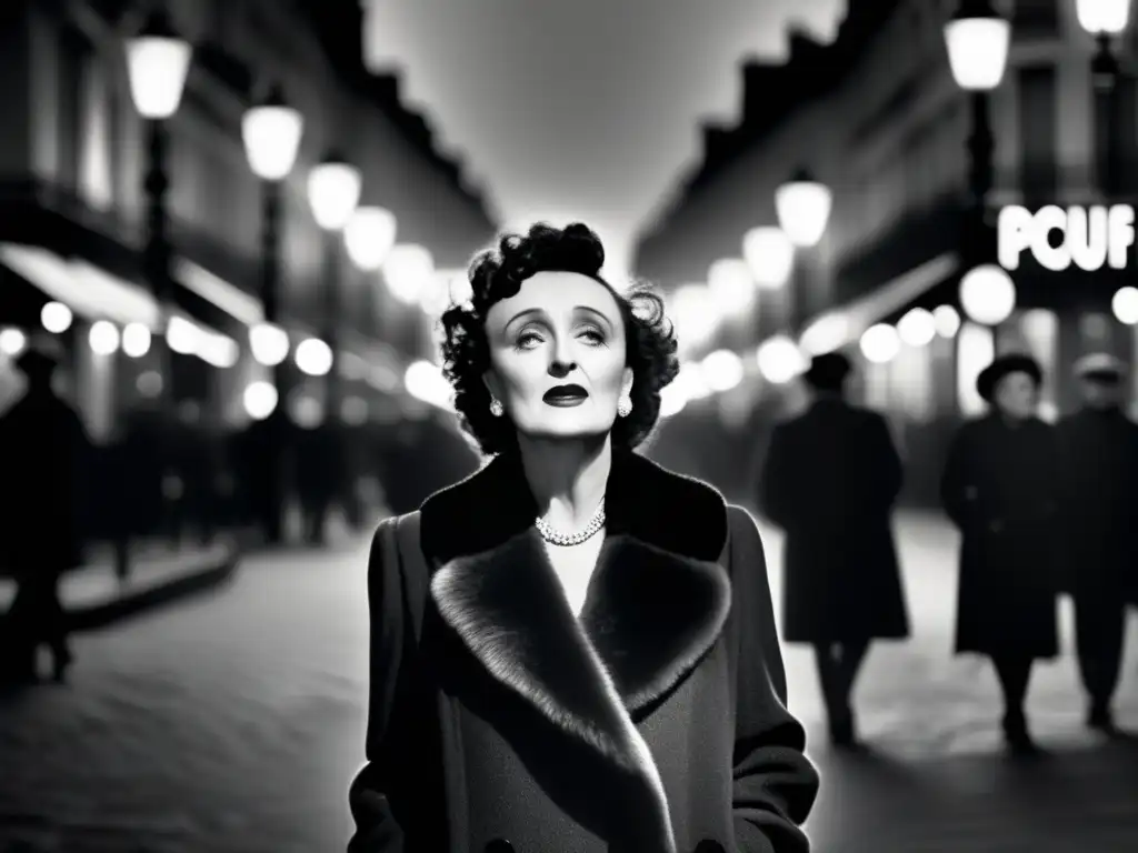 Edith Piaf, imagen en blanco y negro de la biografía de Edith Piaf, en las calles de París, con un aura nostálgica y elegancia atemporal