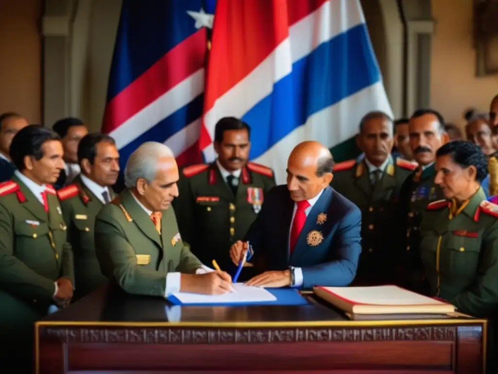 José Figueres Ferrer firma decreto de abolición del ejército en Costa Rica, rodeado de seguidores apasionados y la vibrante bandera costarricense