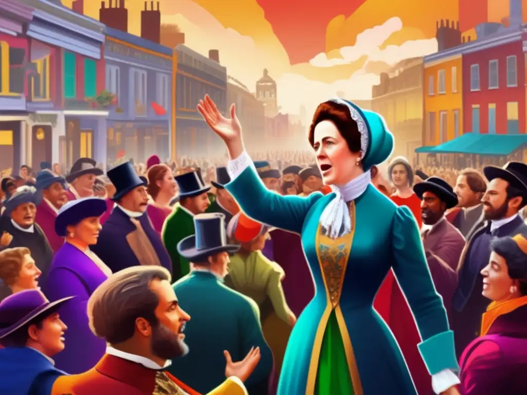 Catherine Booth: Pasión por la reforma social Catherine Booth, madre del Ejército de Salvación, conmoviendo a la multitud en una pintura digital moderna