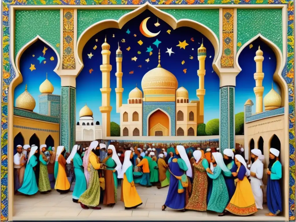Un elaborado mosaico cerámico representa una festividad islámica bulliciosa, con colores vibrantes y exuberantes celebraciones