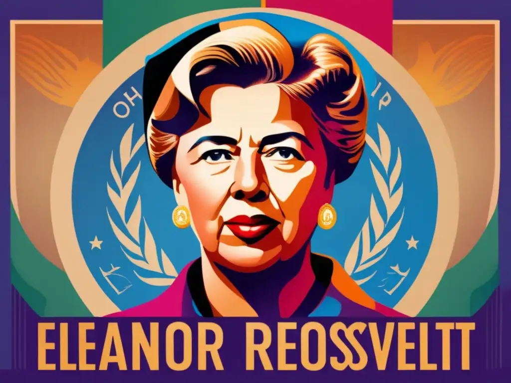 Eleanor Roosevelt Declaración Universal Derechos Humanos: Ilustración digital de alta resolución que muestra a Eleanor Roosevelt con determinación y liderazgo frente al edificio de las Naciones Unidas, rodeada de la Declaración de Derechos Humanos en varios idiomas