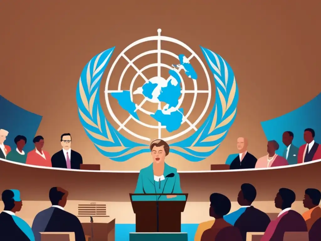 Eleanor Roosevelt entrega un poderoso discurso en la ONU, rodeada de diversidad, con la Declaración Universal de Derechos Humanos en varios idiomas de fondo